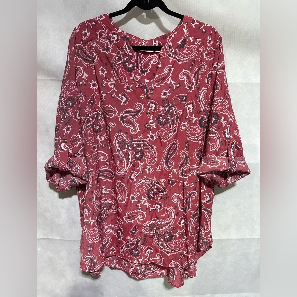 KIM ROGERS Curvy Women’s 3X Popover Top Blouse Roll Tab Sleeve Paisley Bandana